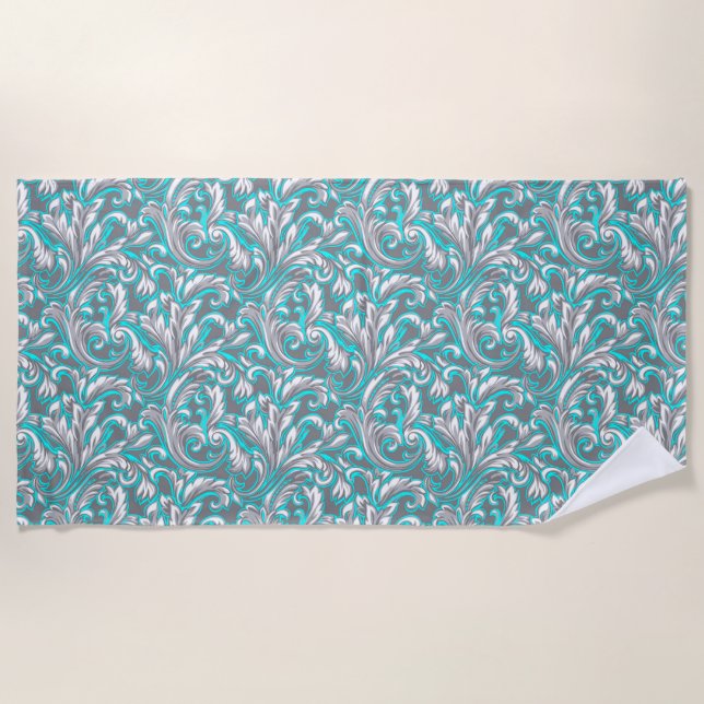 Cute aqua grey seamless floral pattern lamp shade beach towel (Front)