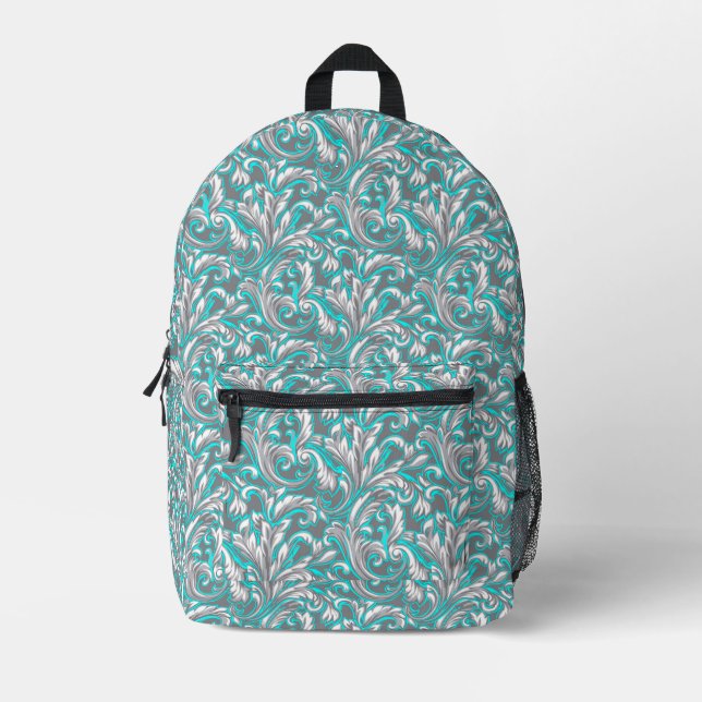 Cute aqua grey seamless floral pattern lamp shade printed backpack (Front)