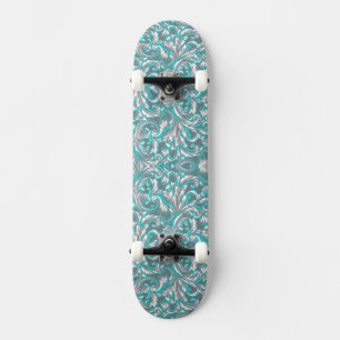 Cute aqua grey seamless floral pattern skateboard