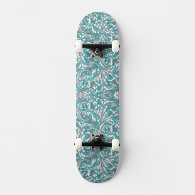 Cute aqua grey seamless floral pattern skateboard (Front)
