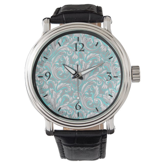 Cute aqua grey seamless floral pattern watch (Front)