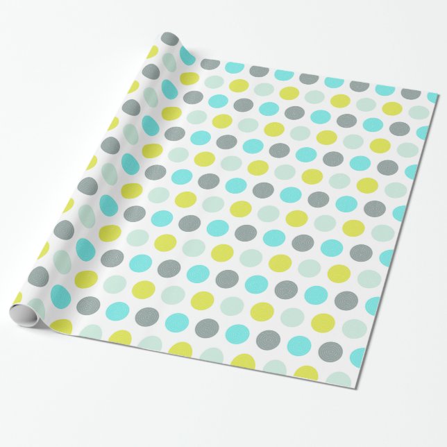 Cute Aqua Mint Blue Yellow Polka Dot Pattern Wrapping Paper (Unrolled)