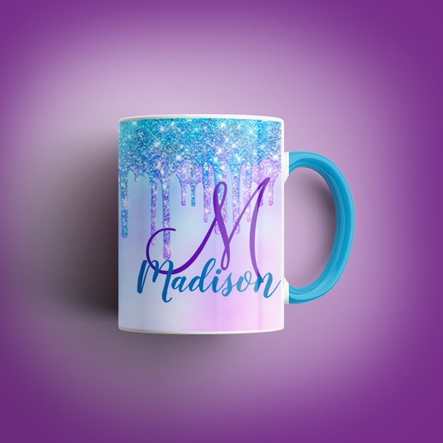 Cute Aqua Purple Unicorn Glitter Drips monogram Mug (Creator Uploaded)