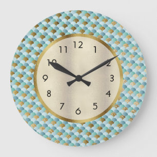 Cute Aqua Teal Gold Mermaid Scales Large Clock