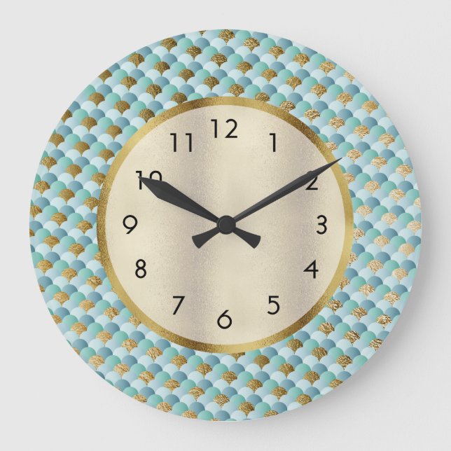 Cute Aqua Teal Gold Mermaid Scales Large Clock (Front)