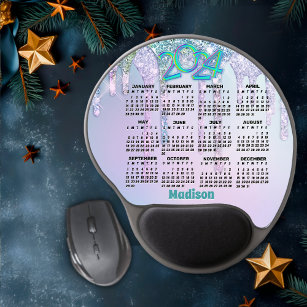 Cute Aqua Turquoise Glitter Drips 2024 calendar  Gel Mouse Pad