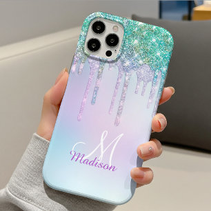 Cute Aqua Turquoise Unicorn Glitter Drips monogram iPhone 13 Case