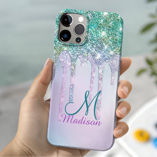 Cute Aqua Turquoise Unicorn Glitter Drips monogram Case-Mate iPhone 14 Case