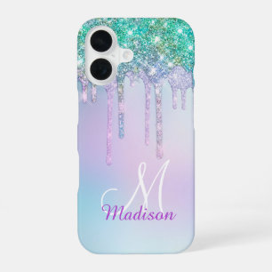 Cute Aqua Turquoise Unicorn Glitter Drips monogram iPhone 16 Case