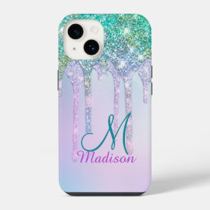Cute Aqua Turquoise Unicorn Glitter Drips monogram iPhone 14 Case