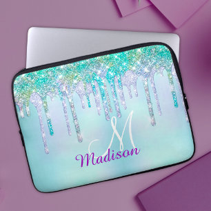 Cute Aqua Turquoise Unicorn Glitter Drips monogram Laptop Sleeve