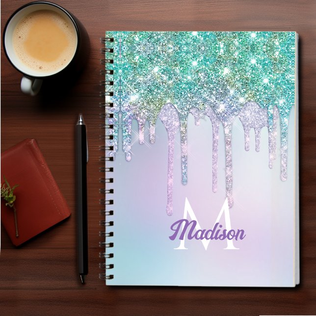 Cute Aqua Turquoise Unicorn Glitter Drips monogram Notebook (Creator Uploaded)