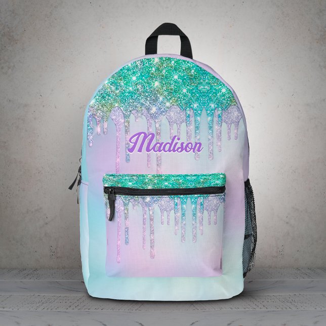 Cute Aqua Turquoise Unicorn Glitter Drips monogram Printed Backpack (Creator Uploaded)