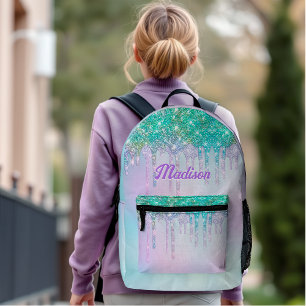 Cute Aqua Turquoise Unicorn Glitter Drips monogram Printed Backpack