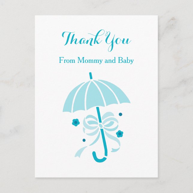 Cute Aqua Umbrella and Bow Baby Shower Thank You Announcement Postcard (Front)