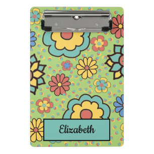 Cute Aqua Yellow Coral Green Hand-Drawn Flowers Mini Clipboard