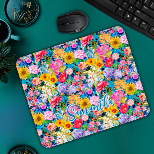 Cute aqua yellow elegant Floral pattern monogram Mouse Pad