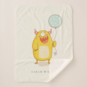 Cute Aqua Yellow Little Happy Monster Custom Sherpa Blanket