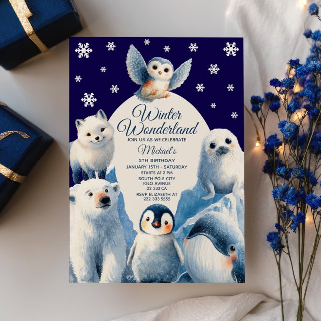 Cute Arctic Animals Blue Winter Kids Birthday  Invitation (Creator Uploaded)