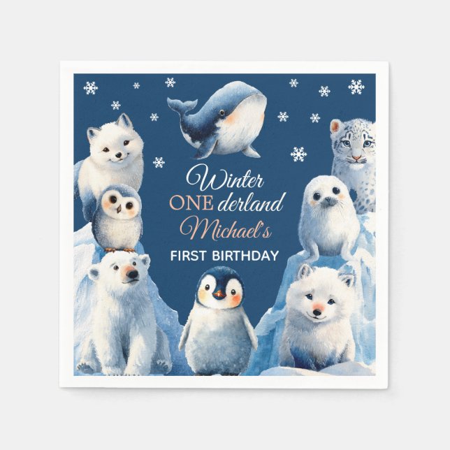 Cute Arctic Animals Winter Kids' First Birthday  Napkin (Front)