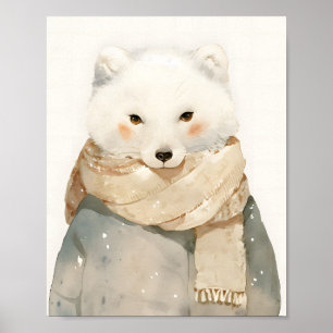Cute Arctic Fox Nursery Wall Art Watercolor Winter