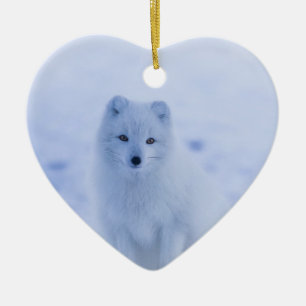 Cute Arctic Fox on Snowy Winter Background Ceramic Ornament