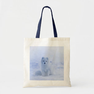 Cute Arctic Fox on Snowy Winter Background Tote Bag