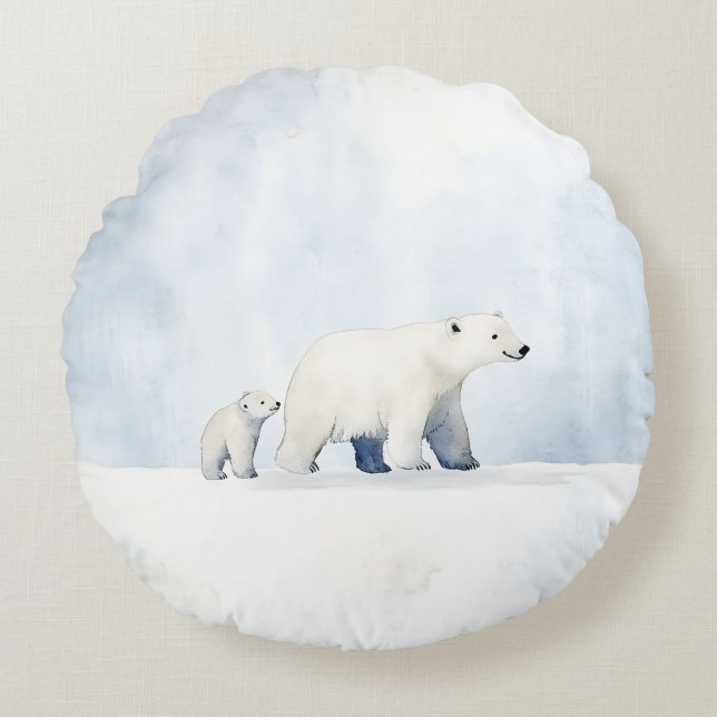 Cute arctic polar bear family round cushion (Front)