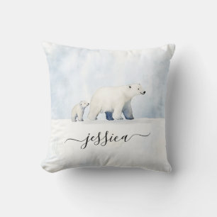 Cute arctic polar bear family script name cushion