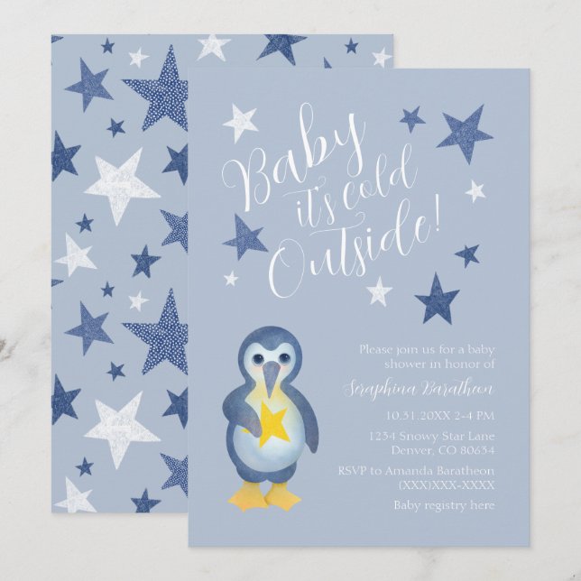 Cute Arctic Winter Penguin Baby Shower Invitation (Front/Back)