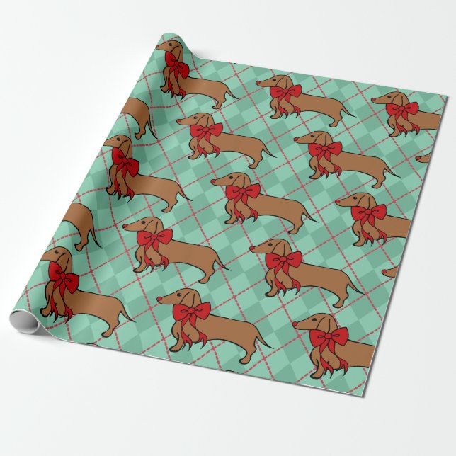 Cute Argyle Christmas Dachshund Dog Wrapping Paper (Unrolled)