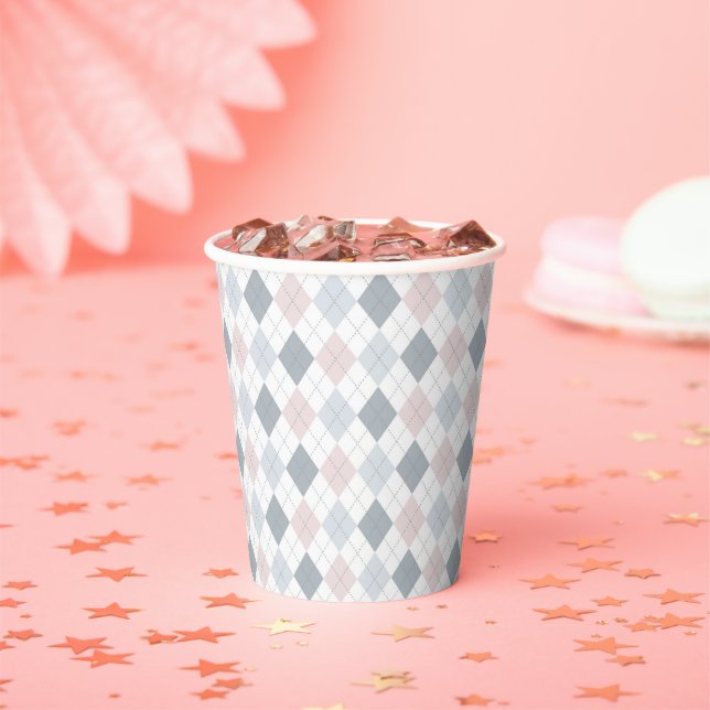Cute Argyle Pink, Grey and White Paper Cups (Insitu)