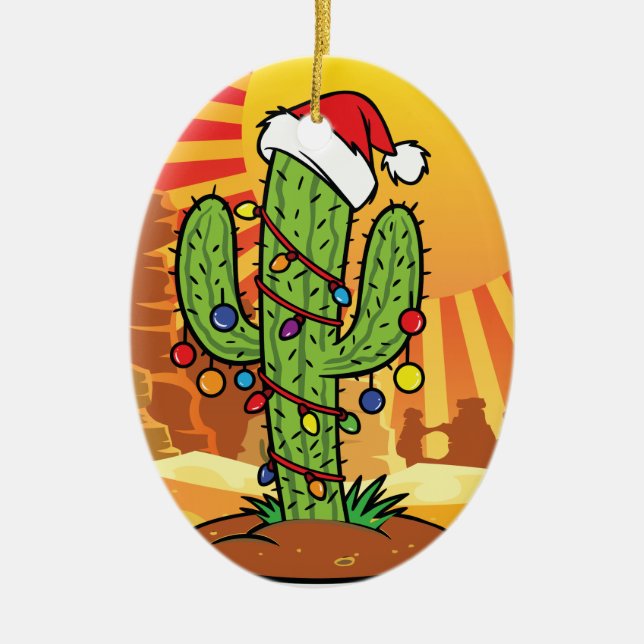 Cute Arizona Christmas Saguaro Cactus Ceramic Ornament (Front)