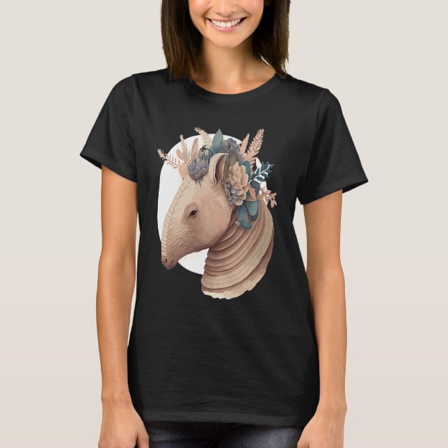 Cute Armadillo Flower Crown Watercolor Animal T-Shirt (Front)