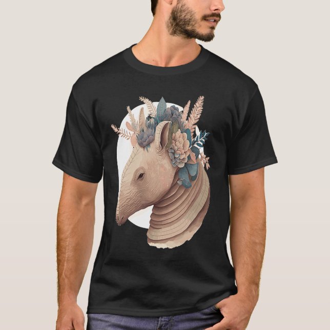 Cute Armadillo Flower Crown Watercolor Animal T-Shirt (Front)