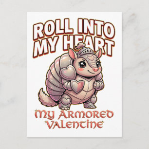 Cute Armadillo Knight Valentine–Roll Into My Heart Postcard