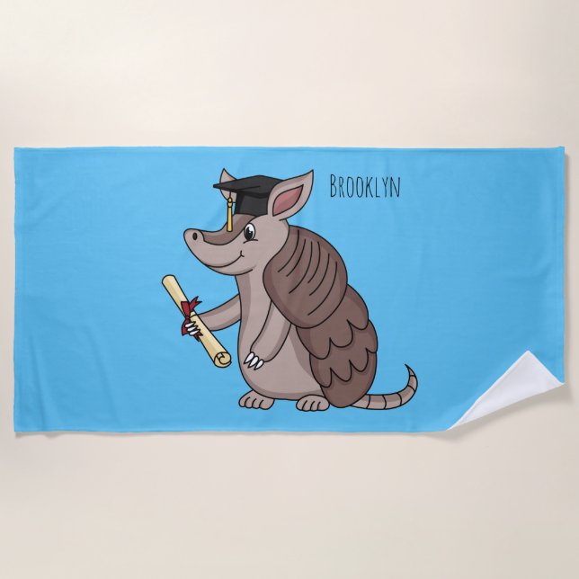 Cute armadillo with graduation cap cartoon  beach towel (Front)