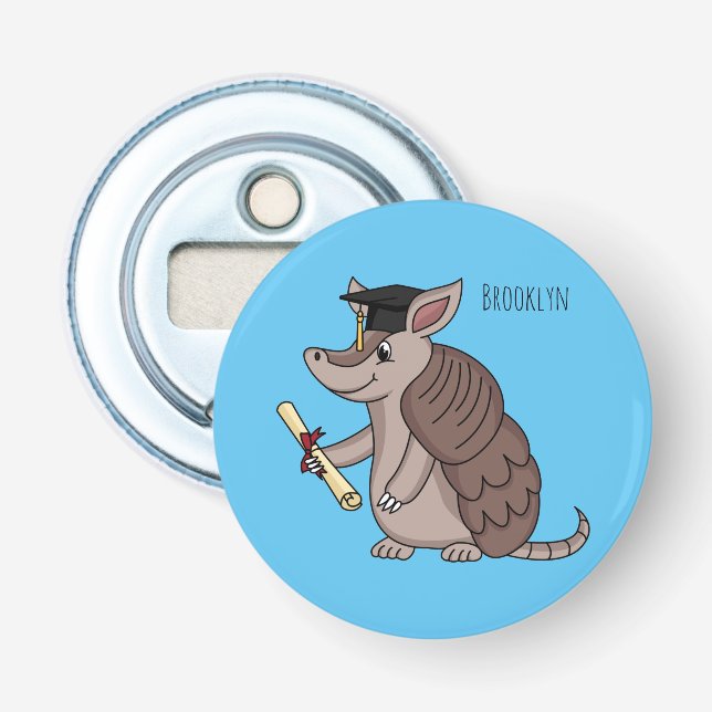 Cute armadillo with graduation cap cartoon bottle opener (Front)