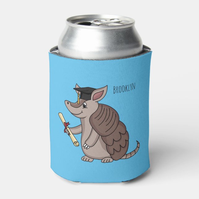 Cute armadillo with graduation cap cartoon can cooler (Can Front)