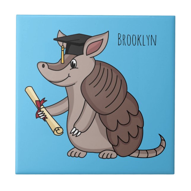 Cute armadillo with graduation cap cartoon ceramic tile (Front)