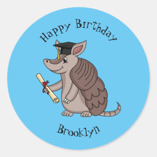 Cute armadillo with graduation cap cartoon classic round sticker