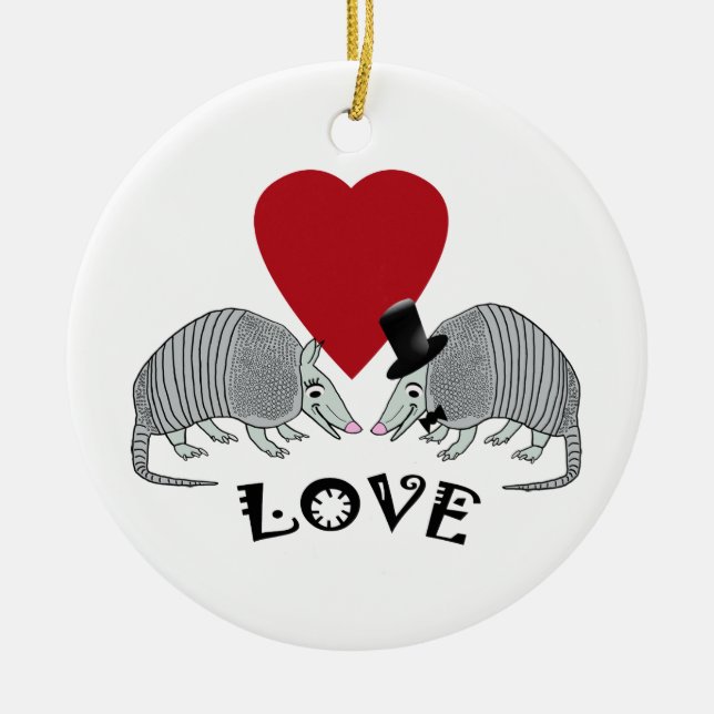 Cute Armadillos in Love Ceramic Tree Decoration (Front)