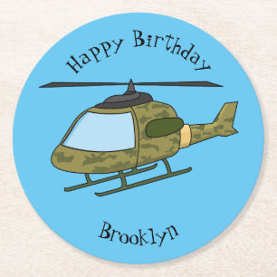 Cute army camoflage helicopter cartoon round paper coaster