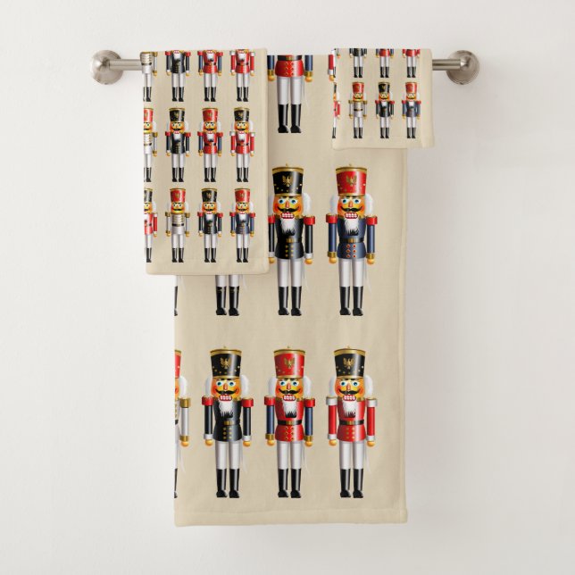 Cute Army Of Colourful Christmas Nutcrackers Bath Towel Set (Insitu)
