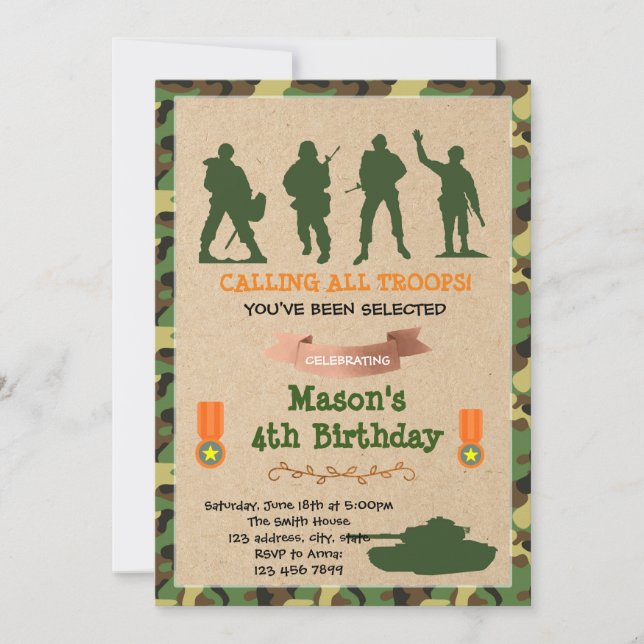 Cute army troops military birthday invitation (Front)
