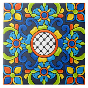 Cute Art Deco Abstract Blue Floral Pattern Ceramic Tile