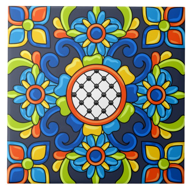 Cute Art Deco Abstract Blue Floral Pattern Ceramic Tile (Front)