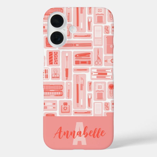 Cute Art Supplies Coral Red Pattern Monogram Case-Mate iPhone Case (Back)