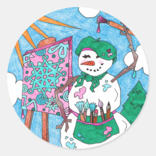 Cute Artist Art Snowman Holiday Christmas Classic Round Sticker