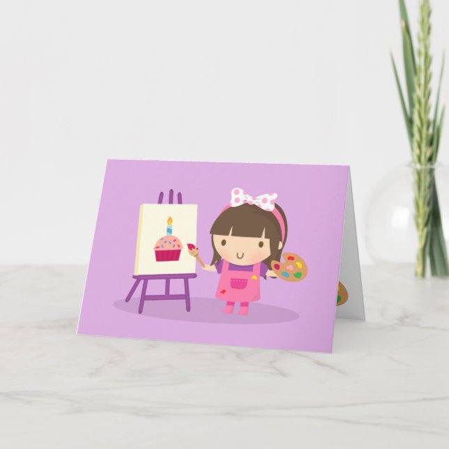 Cute Artist Girl Painting Happy Birthday Card (Front)